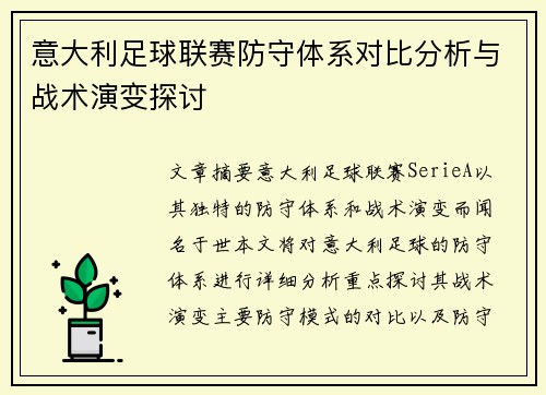 意大利足球联赛防守体系对比分析与战术演变探讨