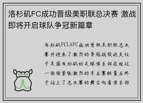洛杉矶FC成功晋级美职联总决赛 激战即将开启球队争冠新篇章